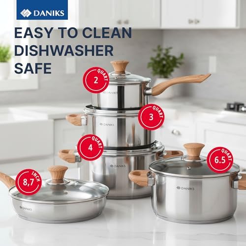 Daniks Oslo 10-Piece Stainless Steel Cookware Set with Glass Lids, Includes Saucepan and Frying Pan with Lid, Tri-Ply Bases for Even Heating, Induction Compatible, Dishwasher Safe, Bakelite Handles - Image 2