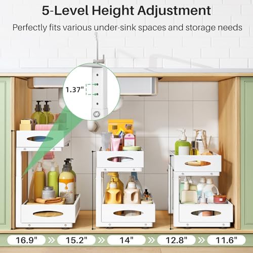 Under Sink Organizer, 2 Pack 2 Tier Pull out Cabinet Organizer Baskets with Mesh Sliding Drawers, Slide out Sink Storage Shelves for Kitchen, Bathroom, Pantry, Cabinet Organizers and Storage(White) - Image 4