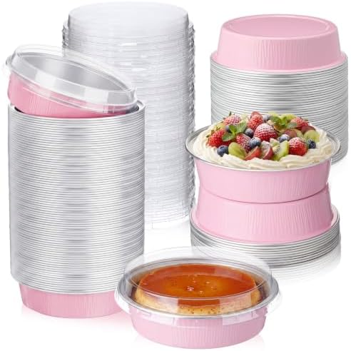 Yinder 120 Pcs 8 oz Disposable Creme Brulee Ramekins with Lids, 4 Inch Mini Pie Tins Aluminum Foil Pie Tart Cake Baking Pans Individual Round Containers Oven Safe (Light Pink) by Yinder