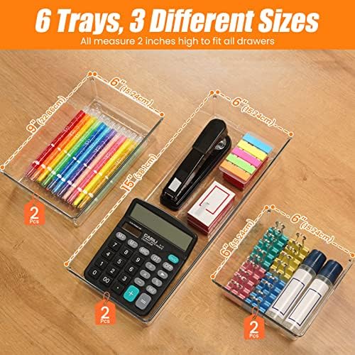 Criusia 6 Pcs Large Size Clear Drawer Organizer Set, Acrylic Non Slip Non Cracking Kitchen Drawer Storage Tray Divider, Multifunctional Storage for Cosmetics, Bathroom, Tools, Kitchen and Office - Image 2
