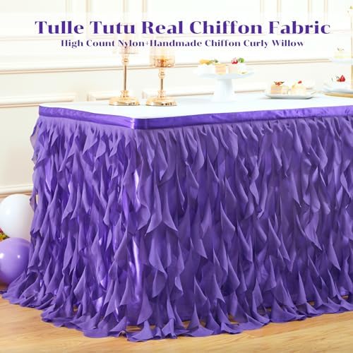 Partisky Mermaid Purple Tulle Curly Willow Table Skirt for Rectangle Table 9ft, Ruffle Tutu Table Cloth for Girls Boys Baby Shower,Mermaid Birthday Party - Image 4