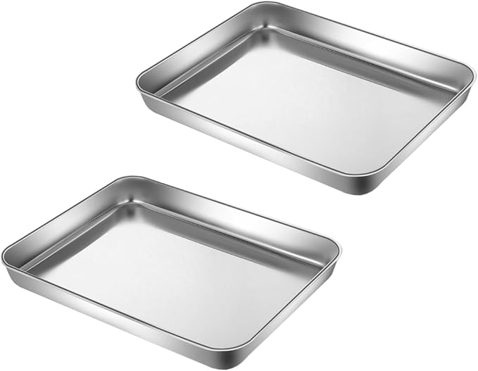 Stainless Steel 304 Baking Sheet Pans 9.3" Cookie Tray Food Serving | Extra Small 1/8 Pan, 2Pack, Deep Tiny Toaster Oven Pan, Dishwasher Safe, No Rust, Reheat Food, 1~2 Person, 9.3 x 6.9 x1.1" by YourReliableKitchenPartner