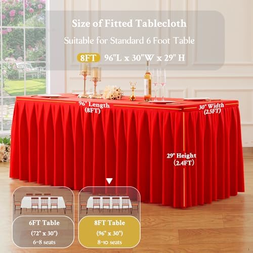 8 Pack Red Rectangle Tablecloth 8 FT Stretch Spandex Fitted Table Cloth for 8 Foot Rectangle Tables Banquet Tablecloths Wrinkle Free Table Cover Skirt Ruffle Tablecloth for Party Wedding Birthday - Image 5