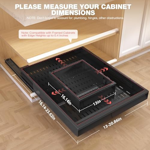 Seinloes Pull Out Cabinet Organizer, 4-Side Expandable to Fit Most Cabinets, 3 Rail Slide Out Drawers with Raising Pad for Framed & Frameless Cabinets, 13"-21" W x 17"-24" D, Black, 2 Pack - Image 3