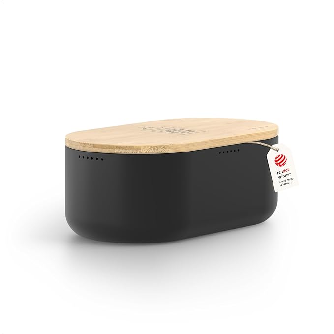 LARS NYSØM Bread Box I Metal Box for long lasting freshness I Bread Bin with bamboo lid usable as cutting board I 13.8x7.7x5.3 In (Midnight Black) by LN