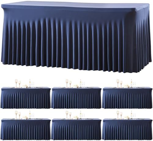 Besutolife 6 Pack Navy Blue Spandex Tablecloth for 8ft Rectangle Tables Fitted Table Cloth Stretch Table Covers Skirt 8ft Rectangular Tablecloths for Banquet Parties Wedding Decorations by Besutolife