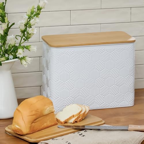 Extra Large Hexagon Stripe Embossed Bread Box with Bamboo Lid | Corner Breadbox for Homemade Bread, White Metal Storage Container Bin for Kitchen Countertop, Fits 2 Loaves of Bread - Image 3