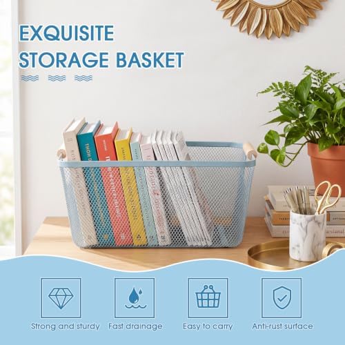 Ziliny 4 Pcs Mesh Wire Baskets for Organizing, Large, Light Blue | Metal Pantry Organizers with Wooden Handles, Storage Steel Bin, Kitchen Baskets for Fruit Potato Onion Snacks Bath Cabinet - Image 3