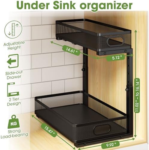 Under Sink Organizer 2-Pack, Metal 2-Tier Pull-Out Cabinet Shelf with Slide-Out Mesh Drawers, Height Adjustable, Space-Saving Under Sink Storage Racks for Kitchen, Bathroom, Laundry Room - Image 2