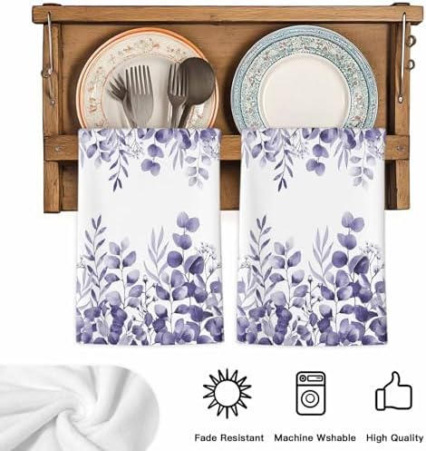 Purple Eucalyptus Kitchen Towels Set of 3, Absorbent Dish Towels for Kitchen, Botanical Summer Leaves Country Floral Microfiber Hand Towel, Quick Drying Tea Towel for Cleaning Decorative Dishcloths - Image 5