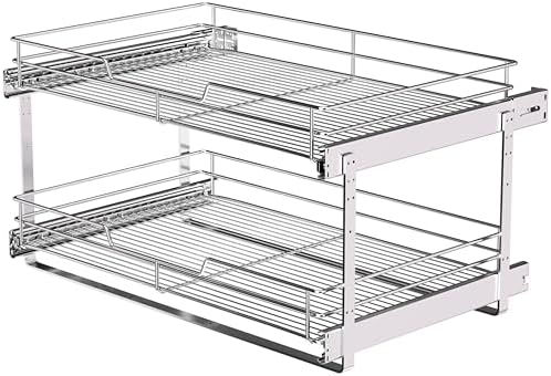 JOWBOOW 2-Tier Pull Out Cabinet Organizer, 26" W x 22" D, Chrome | Heavy-Gauge Wire Slide Out Shelves, 100 lbs Capacity, Ball-Bearing Glides, Min 27" Opening, Under Stove Storage by JOWBOOW