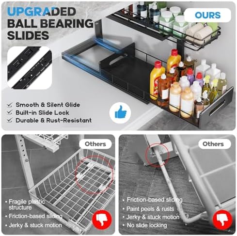 Under Sink Organizer Upgrade To Professional Rails,2-Tier Dual Pull Out Cabinet Storage,Height Adjustable Slide Out Drawers For Bathroom Kitchen,2 Pack-21"Dx12.8"-16.9"H,Black - Image 3