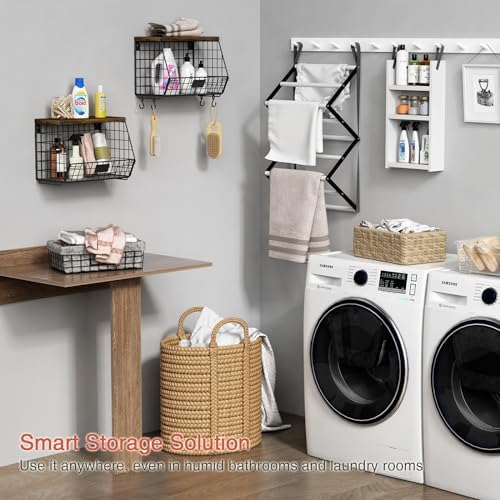 Goozii Hanging Wall Fruit Basket for Kitchen Counter 2 Pack, Stackable Wire Baskets for Organizing with Wood Lid, Potato and Onion Storage Bin with Banana Hook for Vegetable Produce, Black + Rustic - Image 5