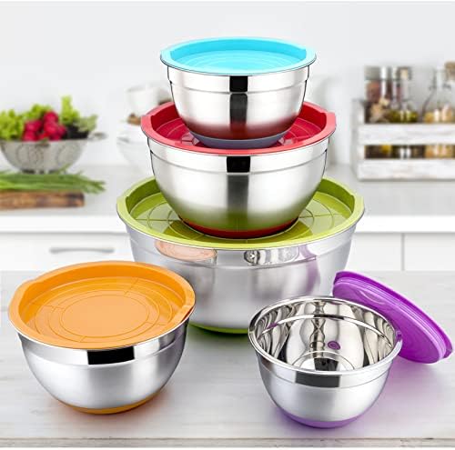 P&P CHEF Mixing Bowls with Lids Set of 5, Stainless Steel Nesting Salad Bowl with Lid & Base for Non-slip Mixing Prepping Storing Serving, 5 Sizes-7/3.5/2.5/1.5/1 QT, Multicolor - Image 6