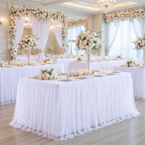 Suppromo 6 Pack White Tulle Tablecloths for 6 Foot Rectangular Tables, 72 x 30 Inch White Rectangle Table Cloth, Wrinkle Free Table Cover with Tutu Skirt for Wedding Birthday Party Banquet - Image 5