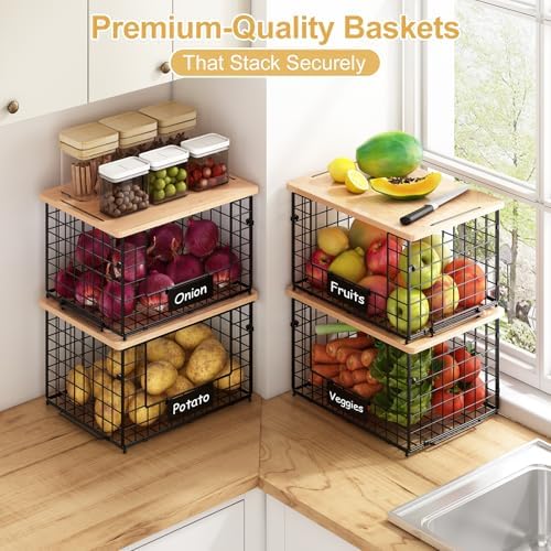 2-Pack Stackable Wire Baskets with 2 Pads & Bamboo Top, Pantry Organizer | Potato and Onion Storage Bin with Labels, Organize Produce/Fruit/Vegetable on Kitchen Counter, Cabinet or Under Sink, XL - Image 2