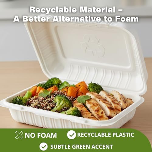 Front Lock MFPP Hinged Food Containers, 9x6 Clamshell Take Out Food Containers [100-Pack] - Microwave & Freezer Safe, Stackable Disposable Food Containers - White - Image 7