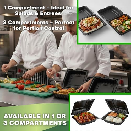 Front Lock MFPP Hinged Food Containers, Black 8" x 8" Vented Clamshell – 1 Compartment Disposable Takeout Boxes, Durable Microwaveable To-Go Containers for Food Service – 150 Pack - Image 4