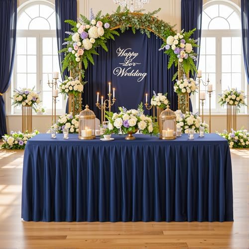 2 Pack Navy Blue Rectangle Tablecloth 8 FT Stretch Spandex Fitted Table Cloth for 8 Foot Rectangle Tables Banquet Tablecloths Wrinkle Free Table Cover Skirt Stitch Ruffle Tablecloth for Party Wedding - Image 2