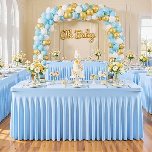 6 Pack Baby Blue Spandex Tablecloths for Rectangle Tables 8 Foot Blue Stretch Table Cloth Rectangle 8ft Elastic Fitted Table Cover with Skirt for Wedding Baby Shower Boy Birthday Party Banquet Buffet - Image 3