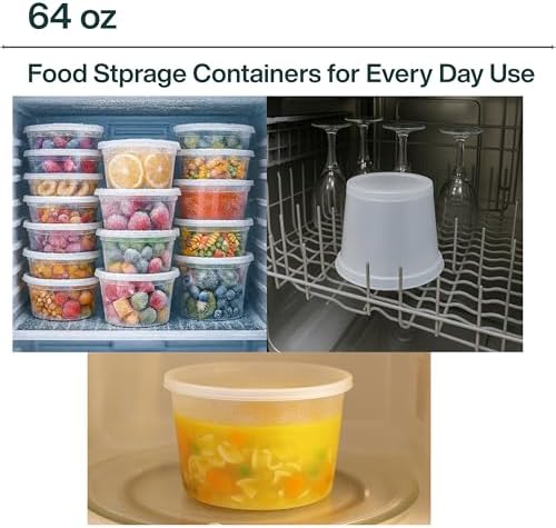 64oz [100 set] Heavy Duty Plastic Deli Container | BPA-Free Food Storage with Airtight Leak‑Proof Lids | Microwave, Freezer & Dishwasher Safe – Stackable, Bulk Reusable Soup & Meal Prep Tub - Image 4