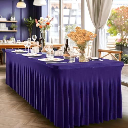 Wish Care 2 Pack Dark Purple Spandex Table Clothes for 6 Foot Rectangle Tables, 6FT Wrinkle Free Fitted Tablecloths Ruffles Design Table Cover for Party, Banquet, Wedding and Events - Image 4