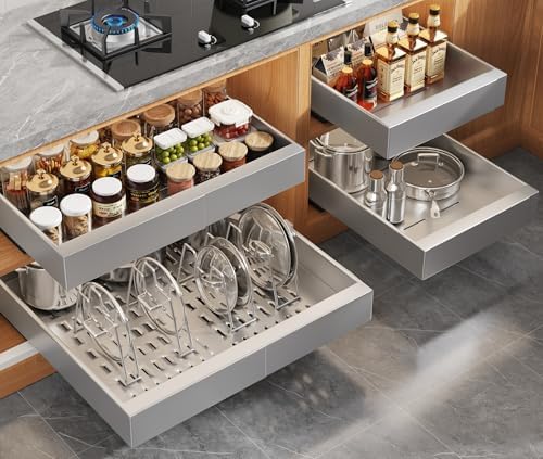 Seinloes 4 Pack Expandable Pull Out Cabinet Organizer 21"Deep With Raising Pad for Framed Cabinets,Slide Out Drawers With 4pcs Divider Racks,No Drill Roll Out Shelf,Adjustable Width 12.05"-20.4"Silver by Seinloes