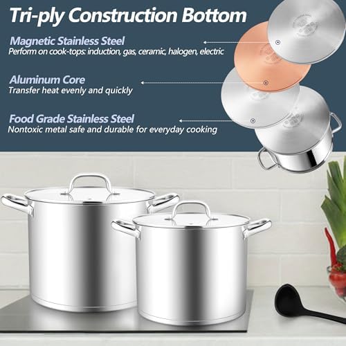E-far 12 Quart Cooking Stock Pot, Large Stainless Steel Pot for Canning Simmering Stewing, Heavy Duty Cookware with Tri-ply Base for Induction Gas Stoves, Soup Pots with Glass Lid, Dishwasher Safe - Image 4
