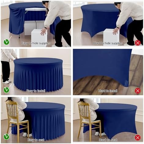 Outpain 8 Pack Spandex Navy Blue Round Tablecloths for 60in Tables, 120Inch Stretchy Fitted 5FT Round Table Clothes,Wrinkle Free Table Cover with Skirt for Wedding Party Dining Banquet - Image 6