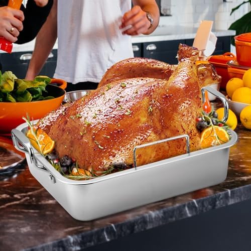 QPMR Roasting Pan with Cooling Rack - Stainless Steel Large Turkey Roaster Pan for Turkey, Chicken, Ham Roaster with V-Shaped Baking Rack Heavy Duty Dishwasher Safe - Image 3