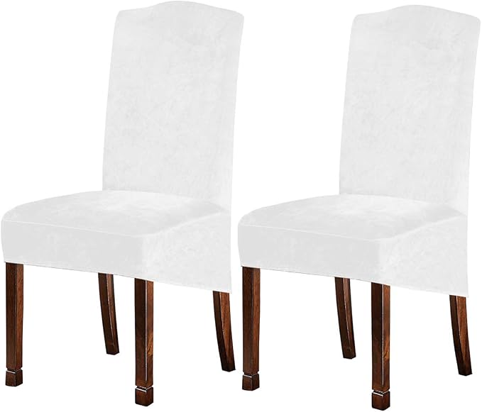 Velvet Plush XL Dining Chair Covers, Stretch Chair Slipcover, Spandex High Chairs Protector Covers Seat Slipcover with Elastic Band for Dining Room,Wedding, Ceremony, Banquet (White, Set of 2) by KELUINA