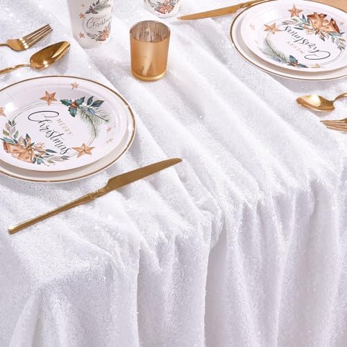 White Sequin Tablecloth Rectangle 90 x 156 Inch Table Cloth for Wedding - Image 2