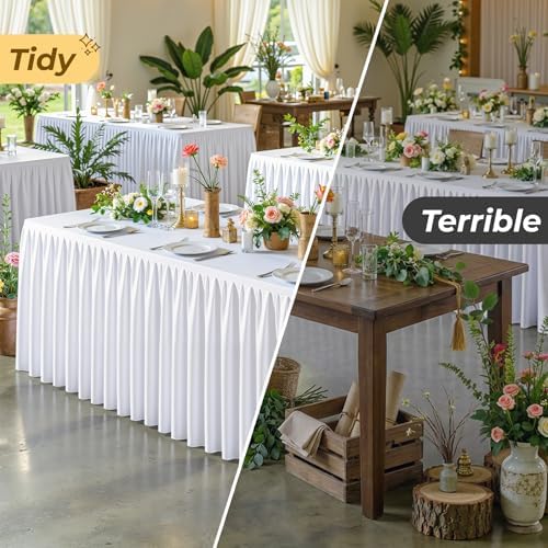 White Polyester Table Cloths for Rectangle 8 Foot Tables, 6 Pack Wrinkle Free Tablecloths Stretchy Banquet Ruffle Fitted Table Cover Desk Skirt for Parties Wedding Birthday Baby Shower - Image 6
