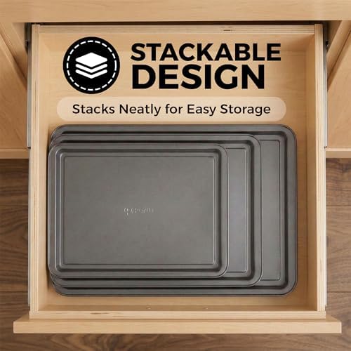 PERLLI Non-Stick 3-Piece Baking Pan Set – Carbon Steel with Even Heat Distribution, Oven Safe to 446°F, BPA-Free, Dishwasher Safe, Stackable Baking Tools for Easy Storage and Everyday Cooking - Gray - Image 7