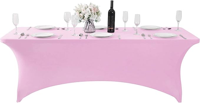 MDS® Pack of 15 Spandex Tablecloth 8FT Tight Fitted Stretch Table Cover – Washable Wrinkle-Free Reusable Elastic Patio Tablecloth for Wedding, Party, Banquet, Trade Show, Event Décor - Pink - Image 2