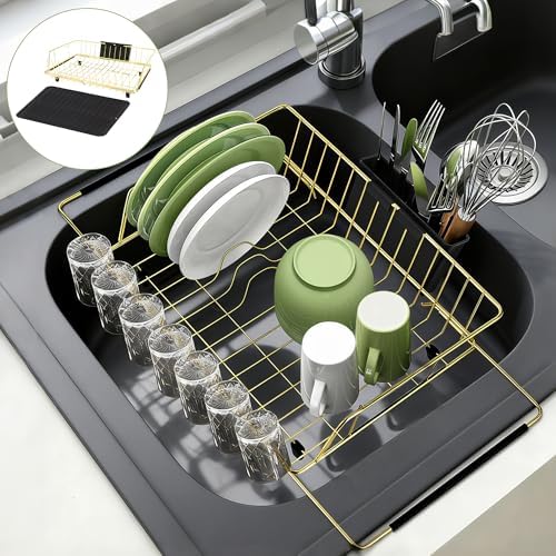 Dish Drying Rack-Large Stainless Steel Dish Drainer Over The Sink for Kitchen Countertop with Utensil Holder and Silicone Drying Mat(Gold, in Sink, 24.2'*13.2') by HAYAWEY