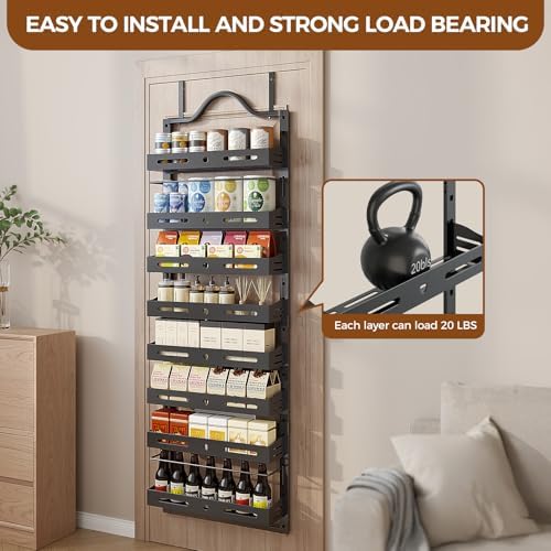 8-Tier Pantry Door Organizer, Large 2 IN 1 Wall Mount or Over The Door Pantry Organizer, Pantry Door Spice Rack with Adjustable Baskets, Over Door Organizer for Kitchen,（72.6×17.1×5.1in,Black) - Image 4