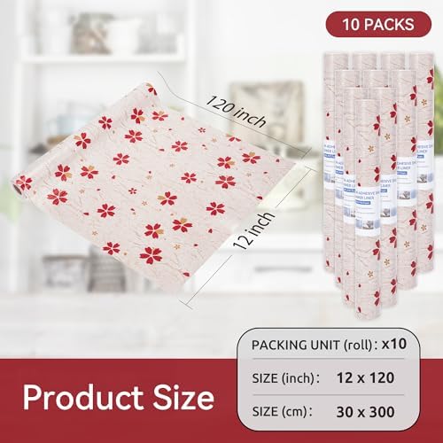 FIFTY FEET 12"x120" Non-Adhesive Shelf Liner for Kitchen Cabinets and Drawers, Washable Non-Slip PVC Cabinet Liner (Red Floral)(10 Roll) - Image 5