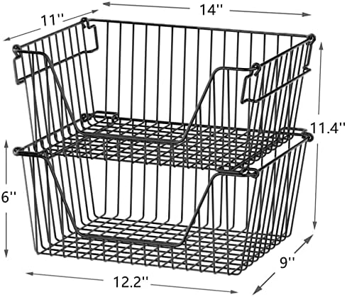 Slideep 14'' Black Stackable Storage Baskets Sturdy Metal Wire Freezer Bins Cabinet Organizer for Pantry Home Bathroom Kitchen Organization- Set of 2 - Image 2