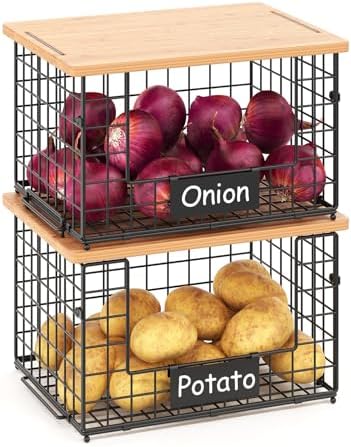 2-Pack Stackable Wire Baskets with 2 Pads & Bamboo Top, Pantry Organizer | Potato and Onion Storage Bin with Labels, Organize Produce/Fruit/Vegetable on Kitchen Counter, Cabinet or Under Sink, XL by keomaisyto