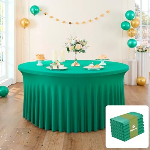leegleri 6 Pack Emerald Spandex Round Tablecloths, Stretchy 120inch Fitted 5FT Table Cloths with Skirt for Wedding Party Dining Banquet by LeegleriTableSkirt
