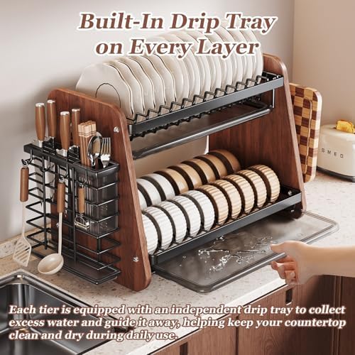 Modern Wooden 2-Tier Dish Drying Rack,Stainless Steel Dish Drainer,Saving Kitchen Space,with Removable Cutlery Holder,with Utensils Flatware Holder Set - Image 4