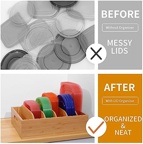 Bamboo Lid Holder Food Container, Kitchen Organizer with 5 Adjustable Dividers, Cabinet Organizer for Food, Kitchen Gadget, Container Lids (2pcs) - Image 5