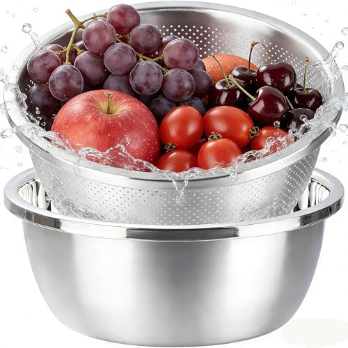 Colander and Bowl Set 3.1QT (2-in-1) - Thickened 304 Stainless Steel Kitchen Strainer Bowl for Fruit, Pasta, Vegetables, Rice - Heavy Duty, Induction Cooker & Dishwasher Safe by FocusOnReliability