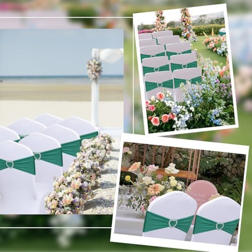Dark Green Chair Sashes 60 Pack Spandex Green Chair Sashes Bands with Heart Buckle Slider for Wedding Banquet Party Decorations - Image 6