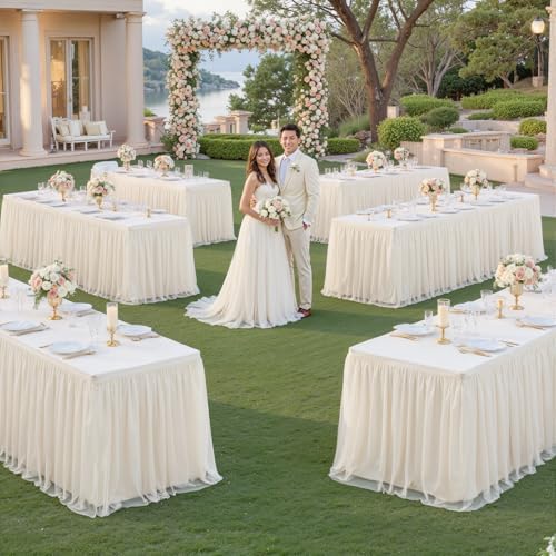 Ivory Table Cloths 6 Foot Rectangle Tulle Table Skirt Rectangle Tables 6ft Fitted Spandex Table Covers Stretch Elastic Banquet Birthday Party Baby Shower Cream Ivory Tablecloth Wedding Table Cloths - Image 5