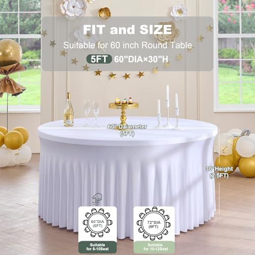 Outpain 2 Pack White Round Spandex Tablecloths for 60in Tables, 120Inch Stretchy Fitted 5FT Round Table Clothes,Wrinkle Free Table Cover with Skirt for Wedding Party Banquet Baby Shower - Image 5