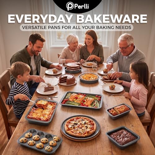 PERLLI Non-Stick 8-Piece Bakeware Set – Carbon Steel with Even Heat Distribution, Oven Safe to 446°F, BPA-Free, Dishwasher Safe, Stackable Baking Tools for Easy Storage and Everyday Cooking - Gray - Image 7