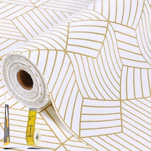 Shelf Liners for Kitchen Cabinets 12in x 20FT, Non Adhesive Cabinet Liner Strong Non-Slip Thickened Gold Geometric Drawer Liner, Easy to Clean for Shelf, Cabinet with Knife and Tape Measure by Kimhan