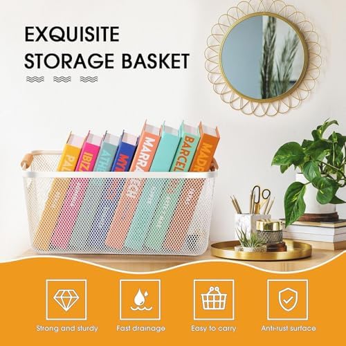 Ziliny 4 Pcs Mesh Wire Baskets for Organizing, Extra Large, Cream White | Metal Pantry Organizers with Wooden Handles, Storage Steel Bin, Kitchen Baskets for Fruit Potato Onion Snacks Bath Cabinet - Image 4